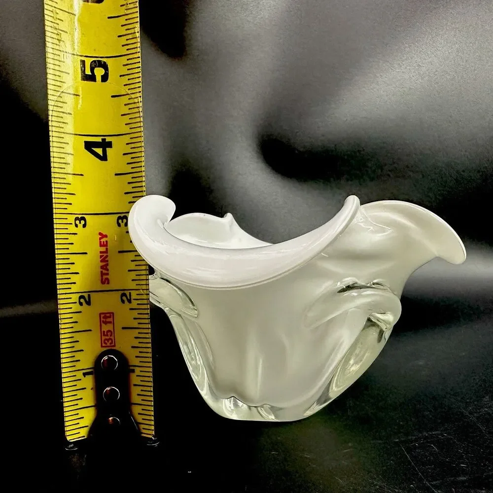 Vtg White Cased Art Glass Handkerchief Bowl MCM Sculptural Decor Murano Style